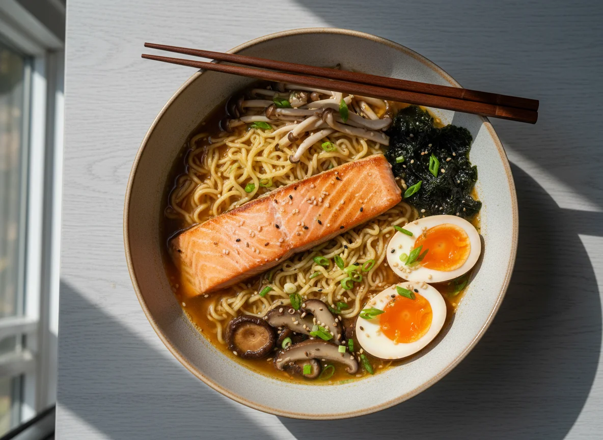 Ramen with Salmon, Mushrooms, and Soft-Boiled Eggs photo