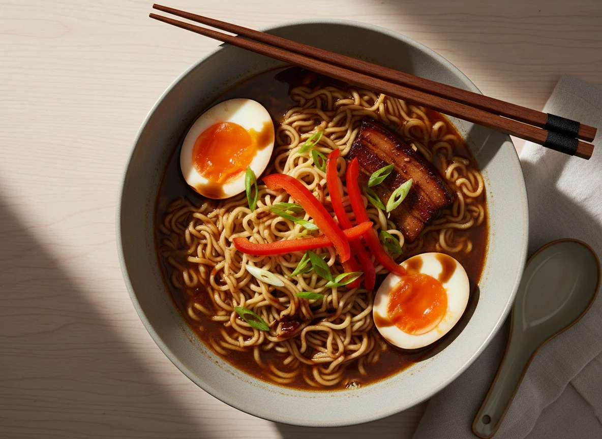 Ramen with Soft-Boiled Eggs and Vegetables photo