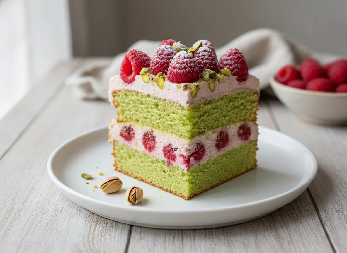 Raspberry and Pistachio Cake Slice photo