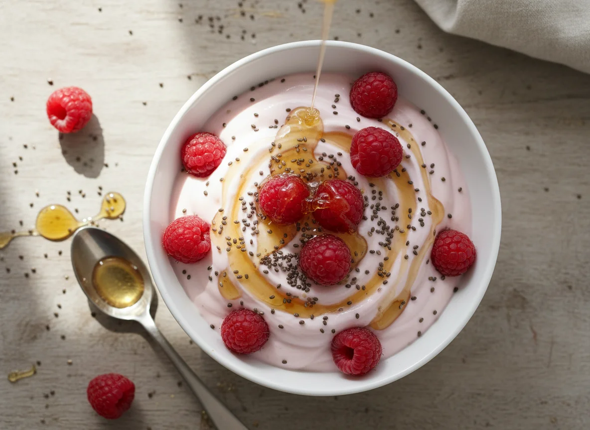 Raspberry Yogurt with Chia Seeds and Honey photo
