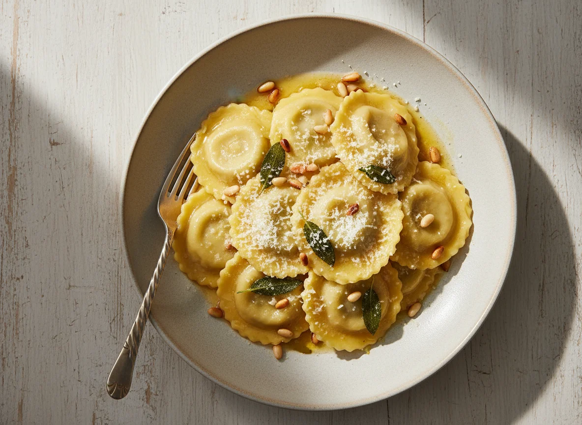Ravioli with Butter Sauce, Parmesan, and Pine Nuts photo