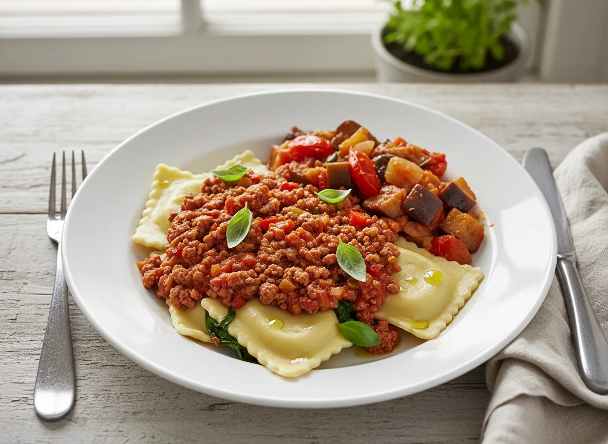 Ravioli with Meat Sauce and Vegetable Stew photo