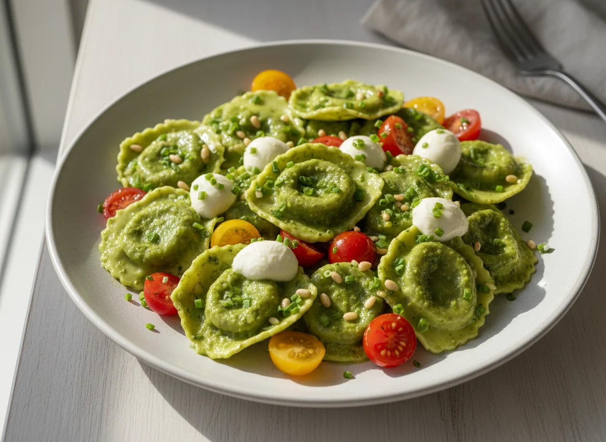 Ravioli with Pesto, Mozzarella, and Cherry Tomatoes photo
