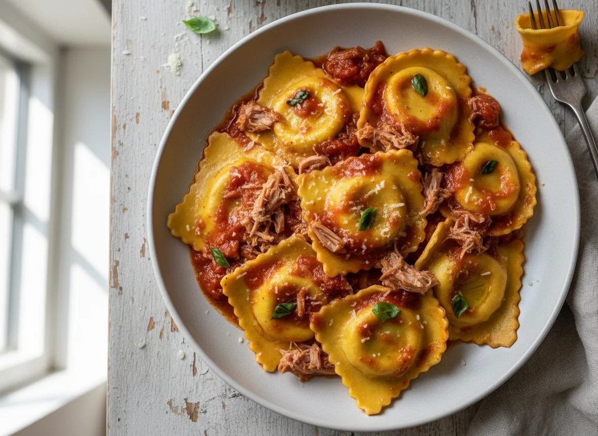 Ravioli with Shredded Meat and Tomato Sauce photo