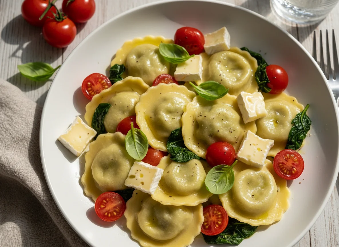 Ravioli with Spinach, Cherry Tomatoes and Brie photo