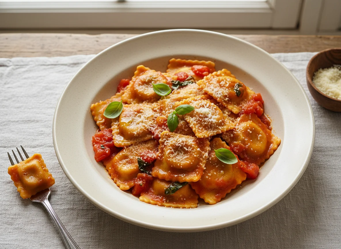 Ravioli with Tomato Sauce and Cheese photo