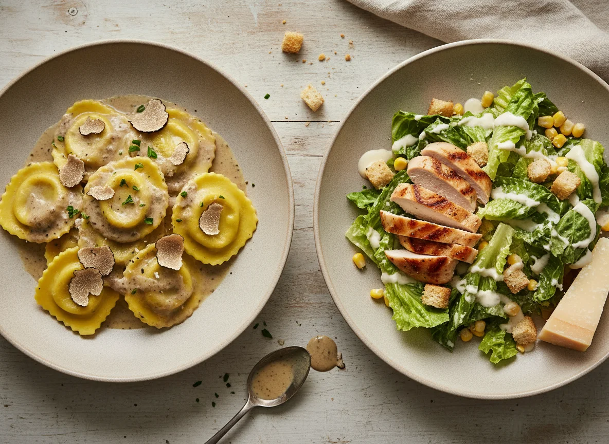 Ravioli with Truffle Sauce and Chicken Caesar Salad photo