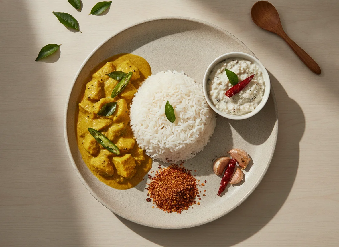 Raw mango curry with rice and sides photo