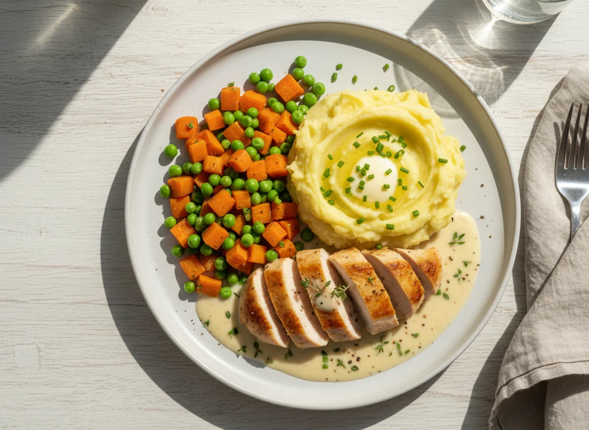 Ready Meal with Mashed Potato, Vegetables and Creamy Sauce photo