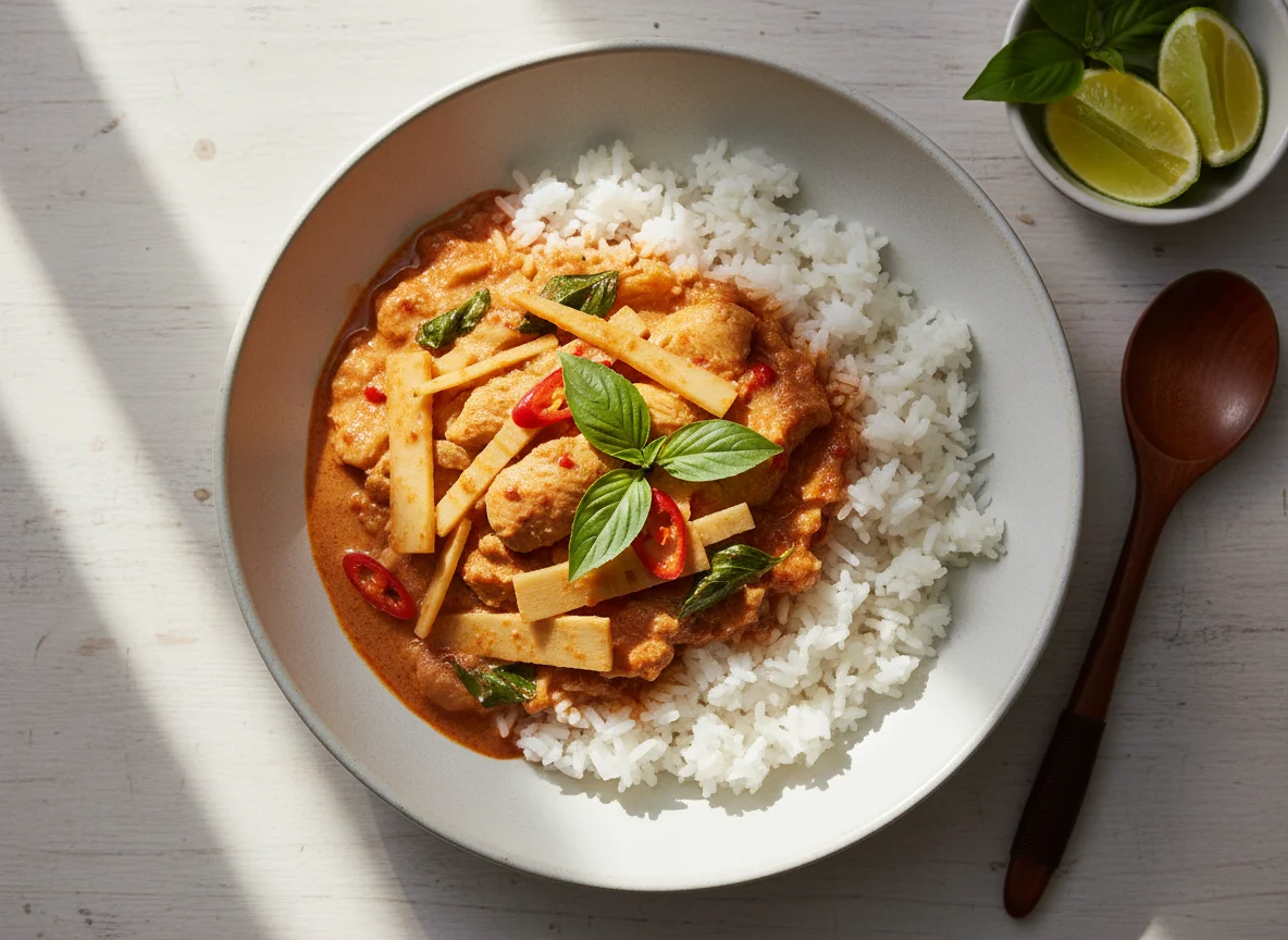 Red Curry with Bamboo Shoots and Chicken over Rice photo