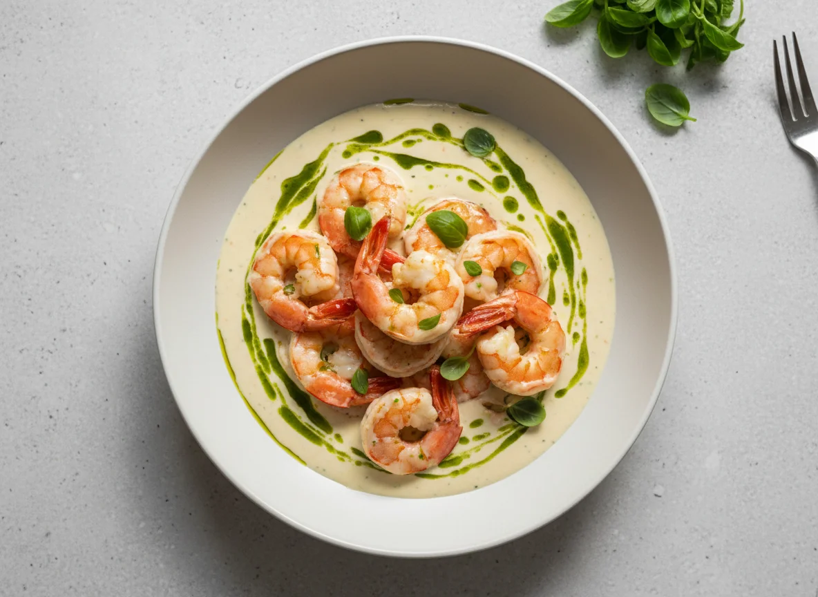 Red prawn in creamy sauce photo