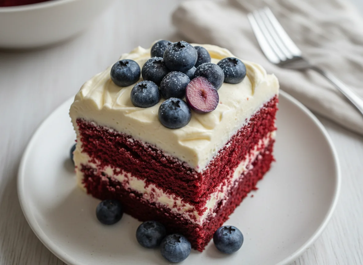 Red Velvet Cake with Cream Cheese Frosting and Blueberry photo