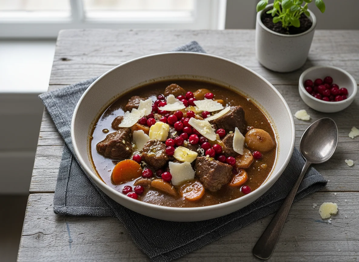 Reindeer stew with lingonberries and cheese photo