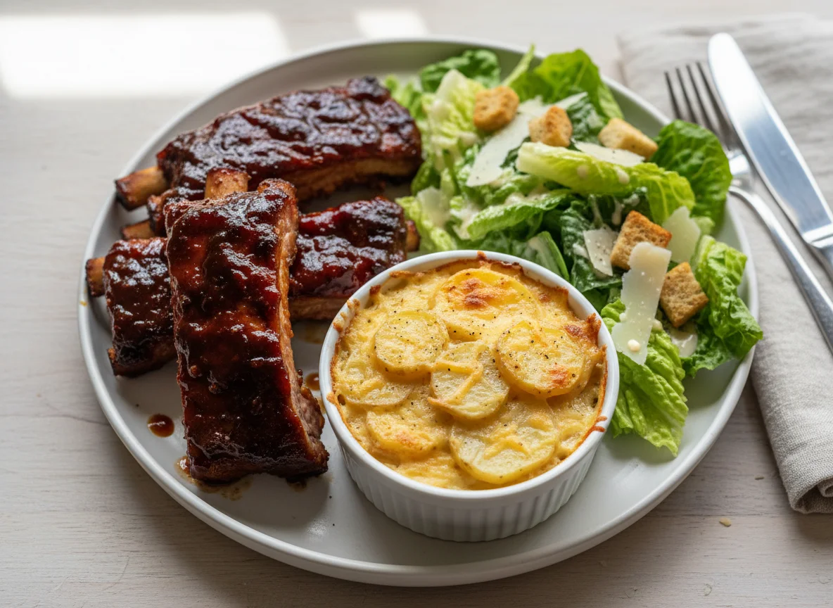 Ribs with Cheesy Potato Casserole and Caesar Salad photo
