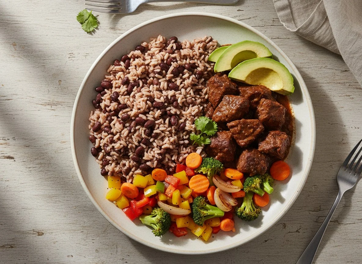 Rice and Beans with Beef, Avocado, and Mixed Vegetables photo