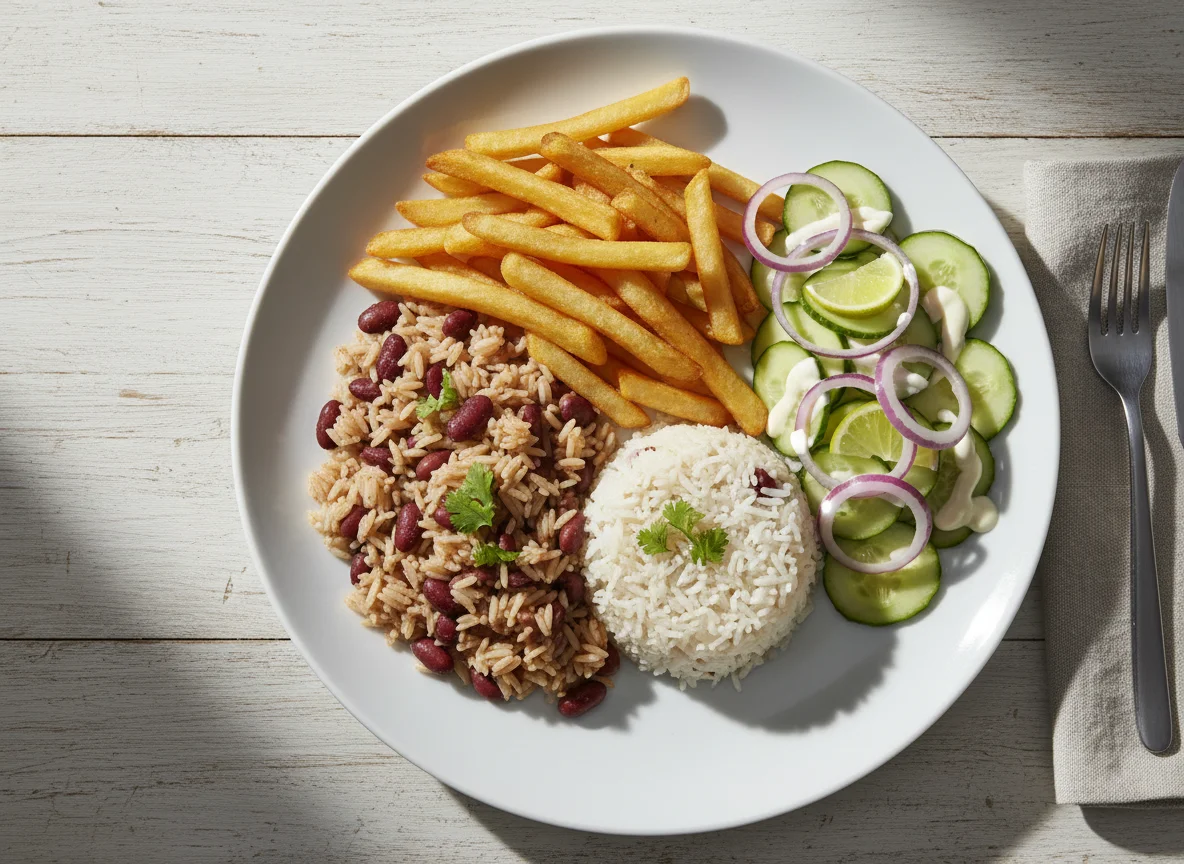 Rice and Beans with Fries and Salad photo