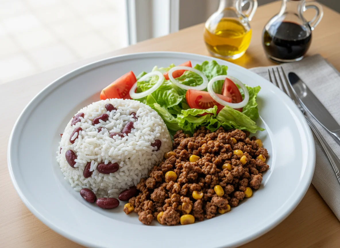 Rice and Beans with Ground Meat and Salad photo