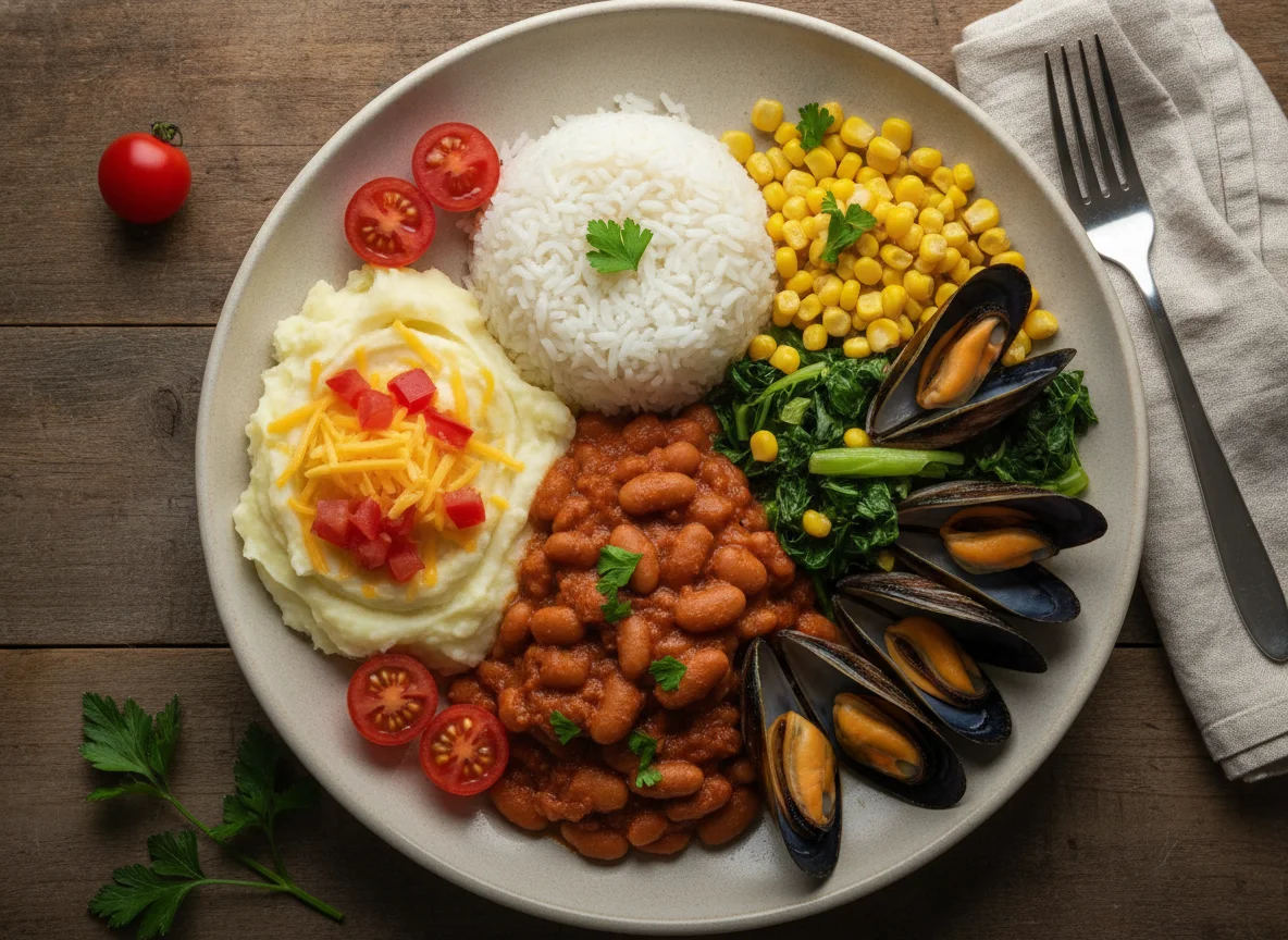 Rice and beans with mashed potato, mussels, corn and collard greens photo