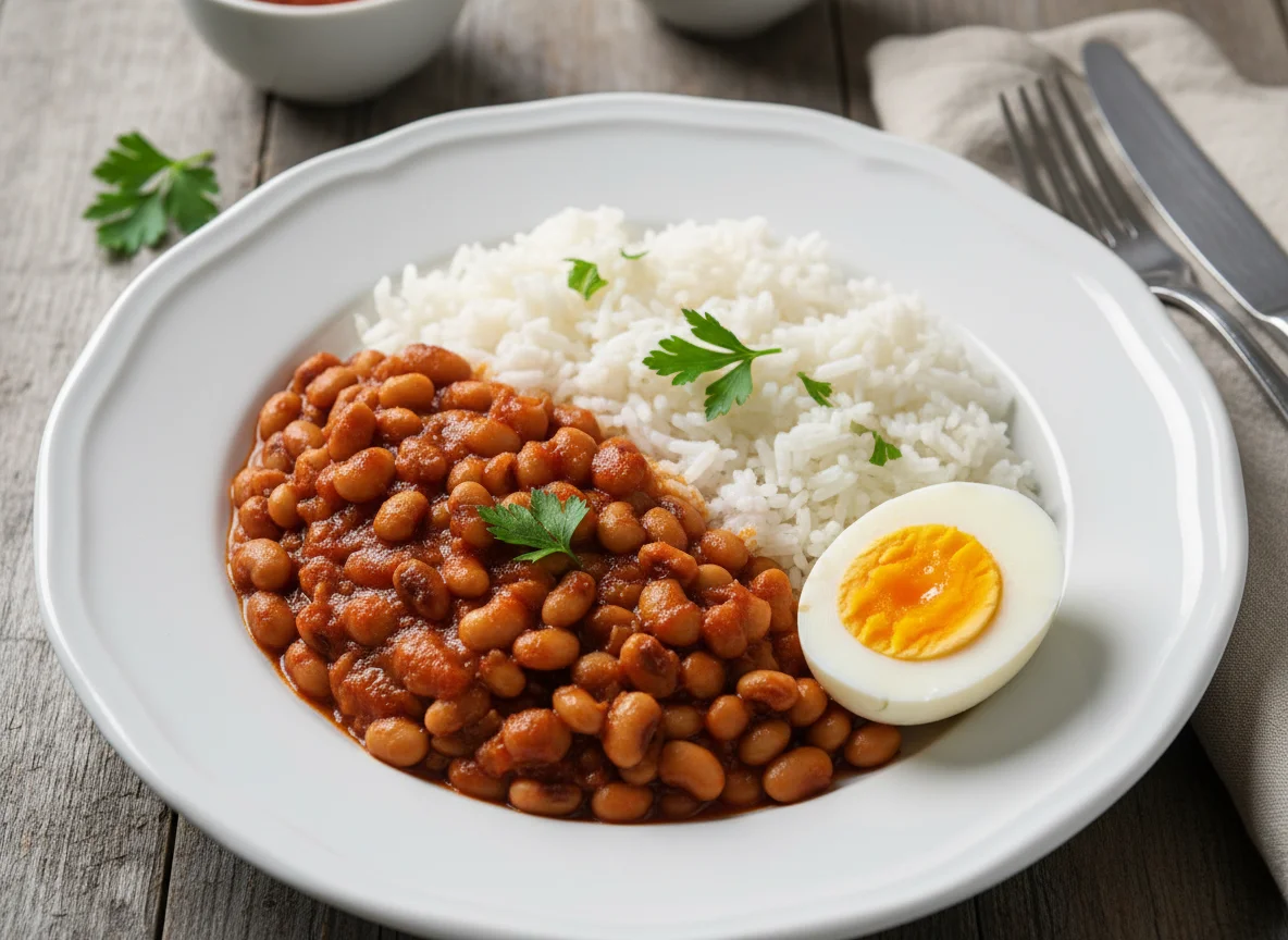 Rice and Beans with Stew and Boiled Egg photo