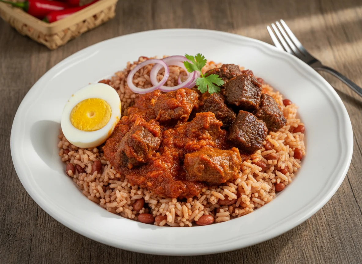 Rice and Beans with Stew, Meat, and Egg photo