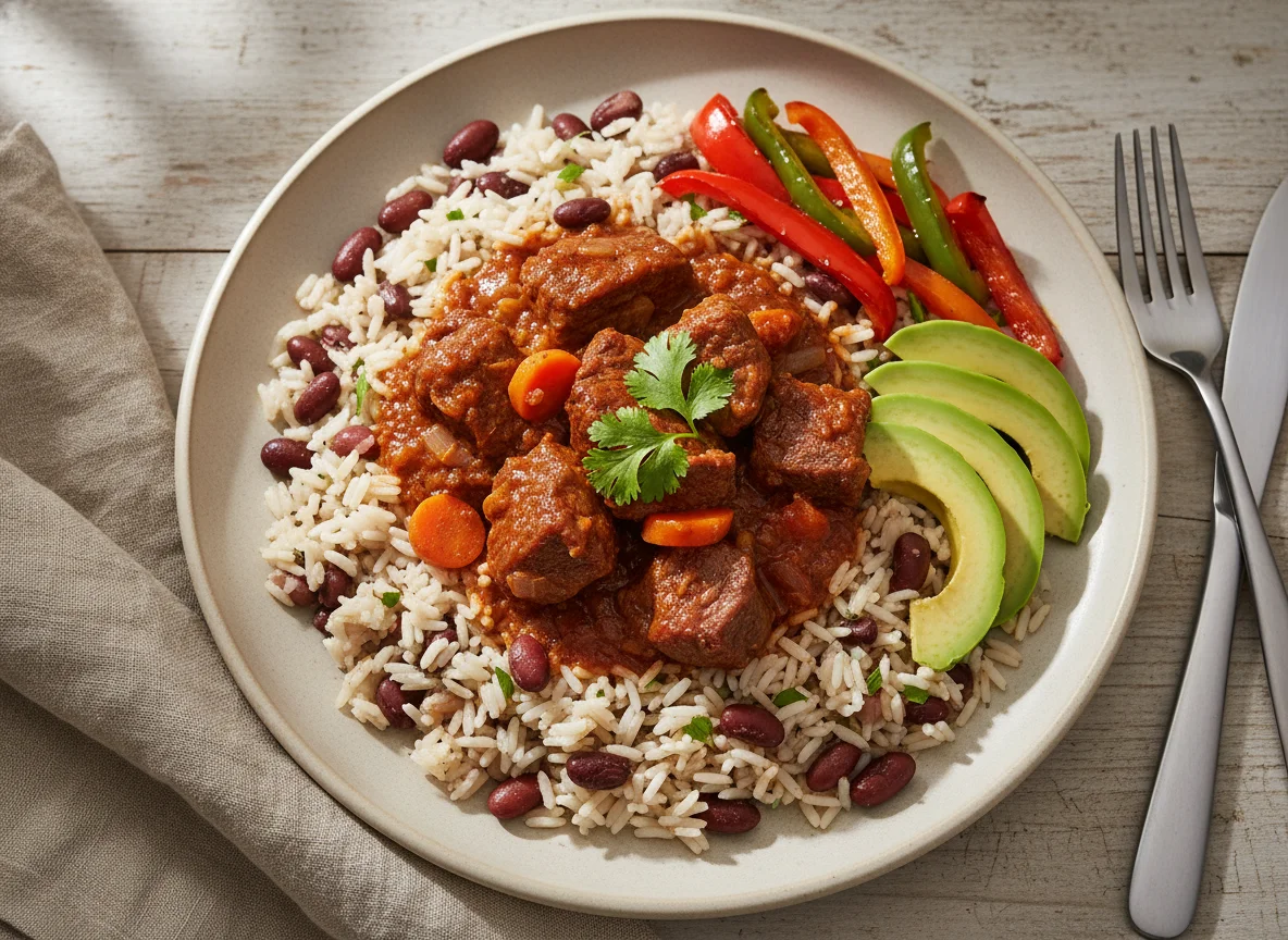 Rice and Beans with Stewed Meat, Avocado, and Bell Peppers photo