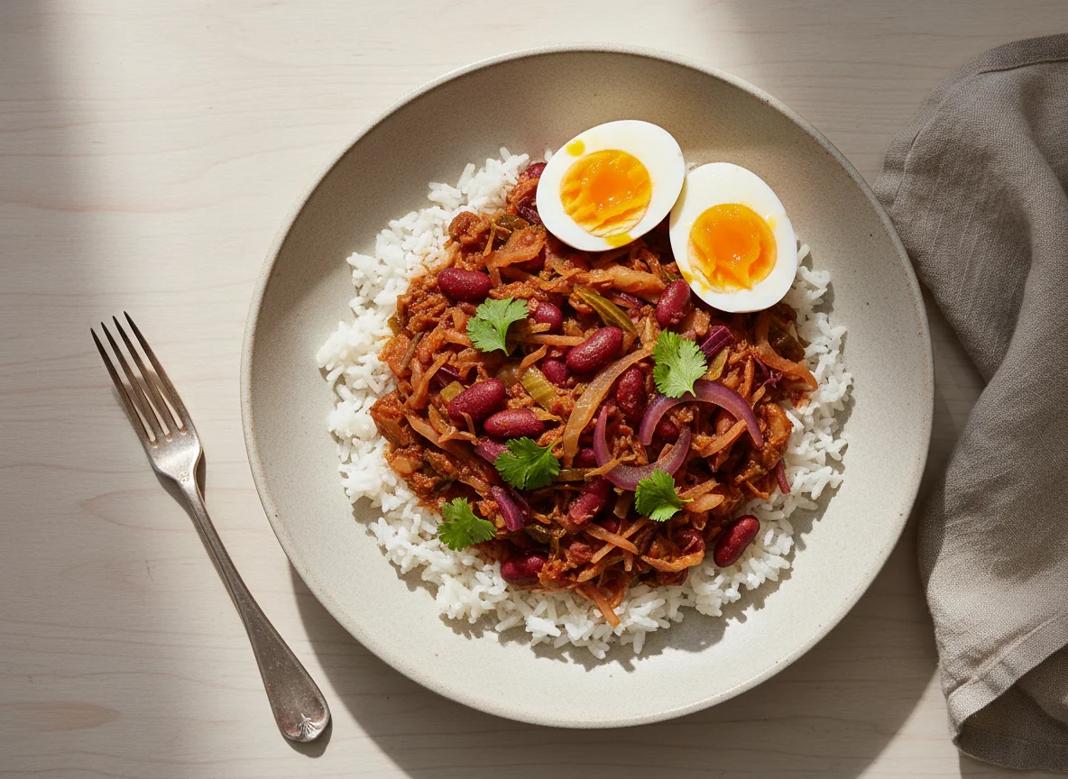 Rice and Cabbage Stew with Beans and Boiled Eggs photo