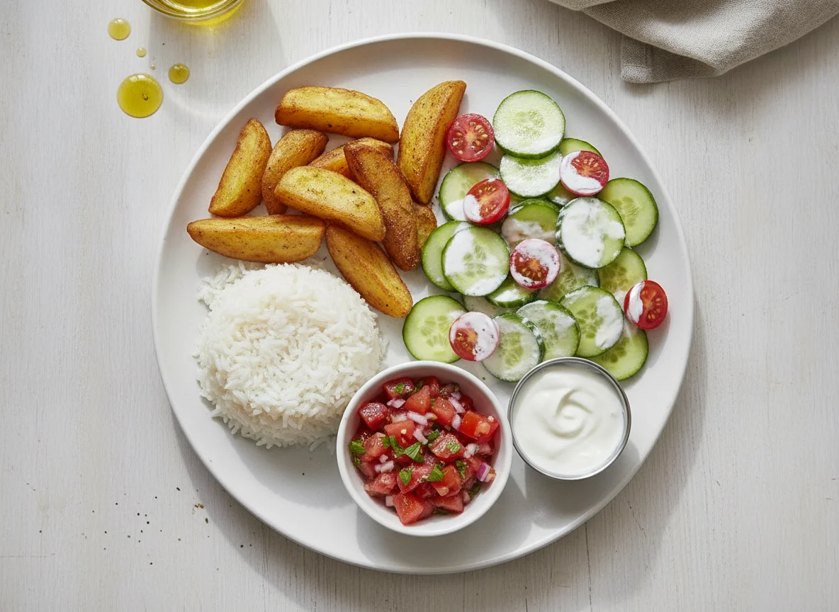 Rice and Fried Potatoes with Vegetable Salad and Tomato Relish photo