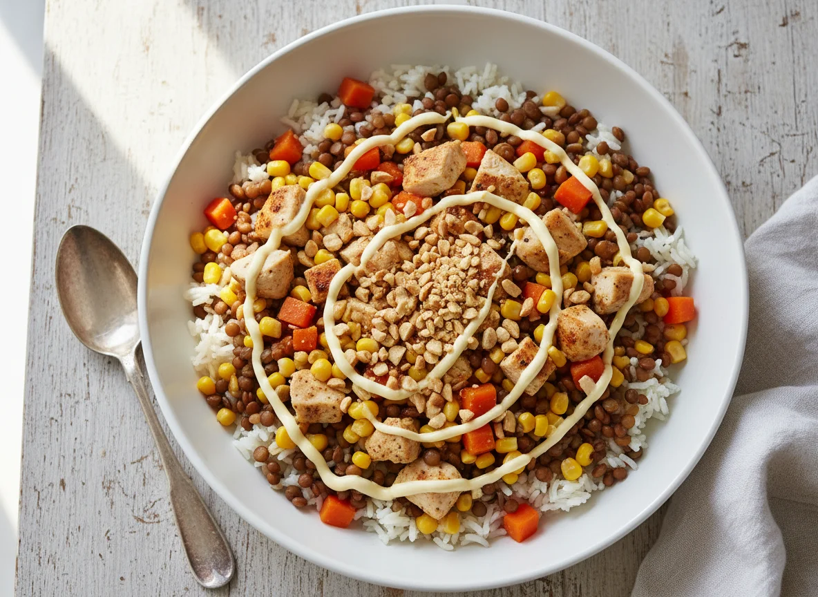 Rice and Lentil Bowl with Carrots, Corn, Chicken, and Mayonnaise photo