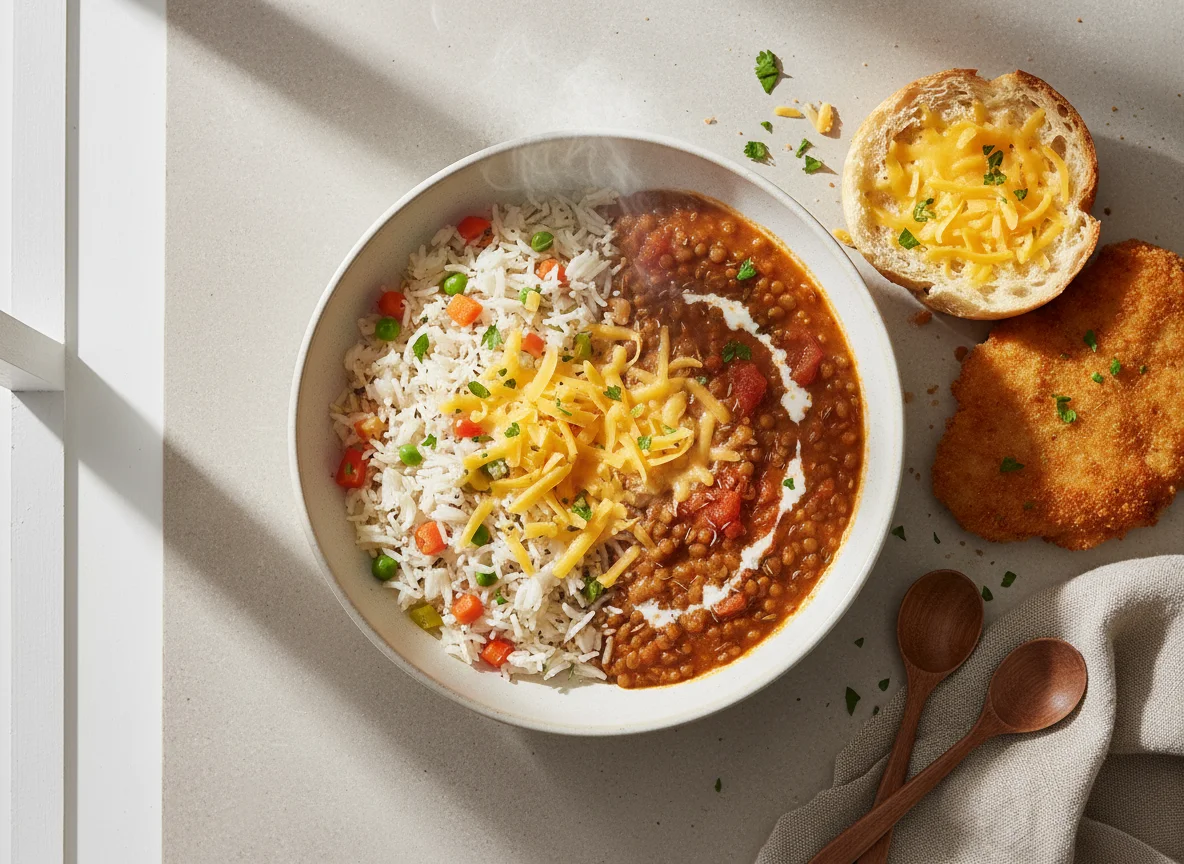 Rice and Lentil Bowl with Cheesy Bread photo