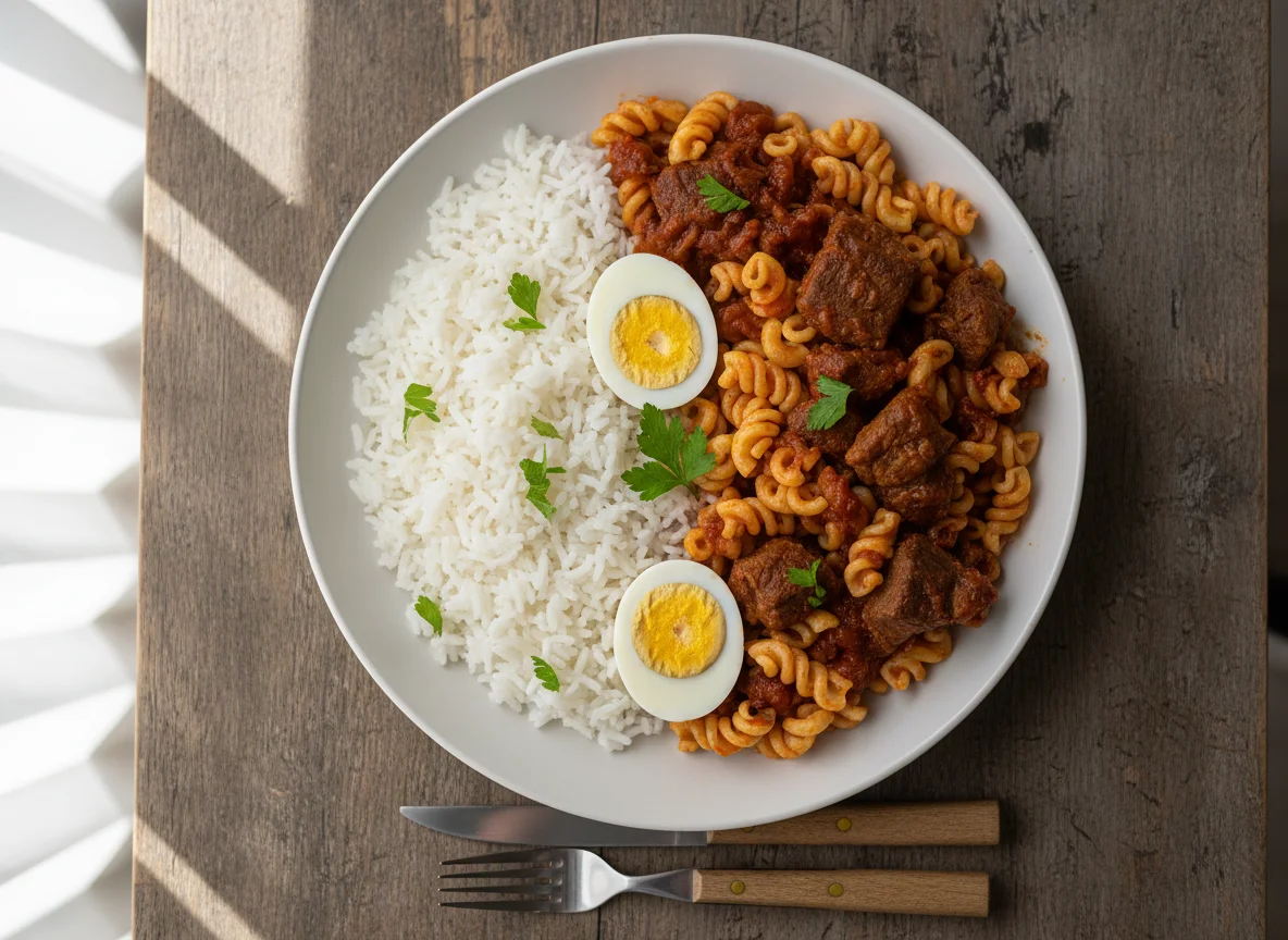 Rice and Pasta with Stew, Meat, and Boiled Eggs photo