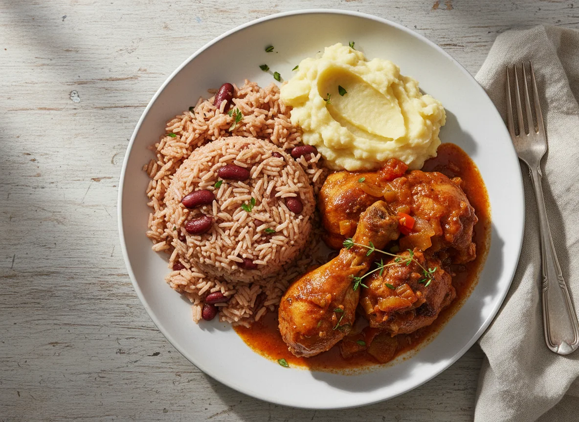 Rice and Peas with Stewed Chicken and Mashed Yam photo