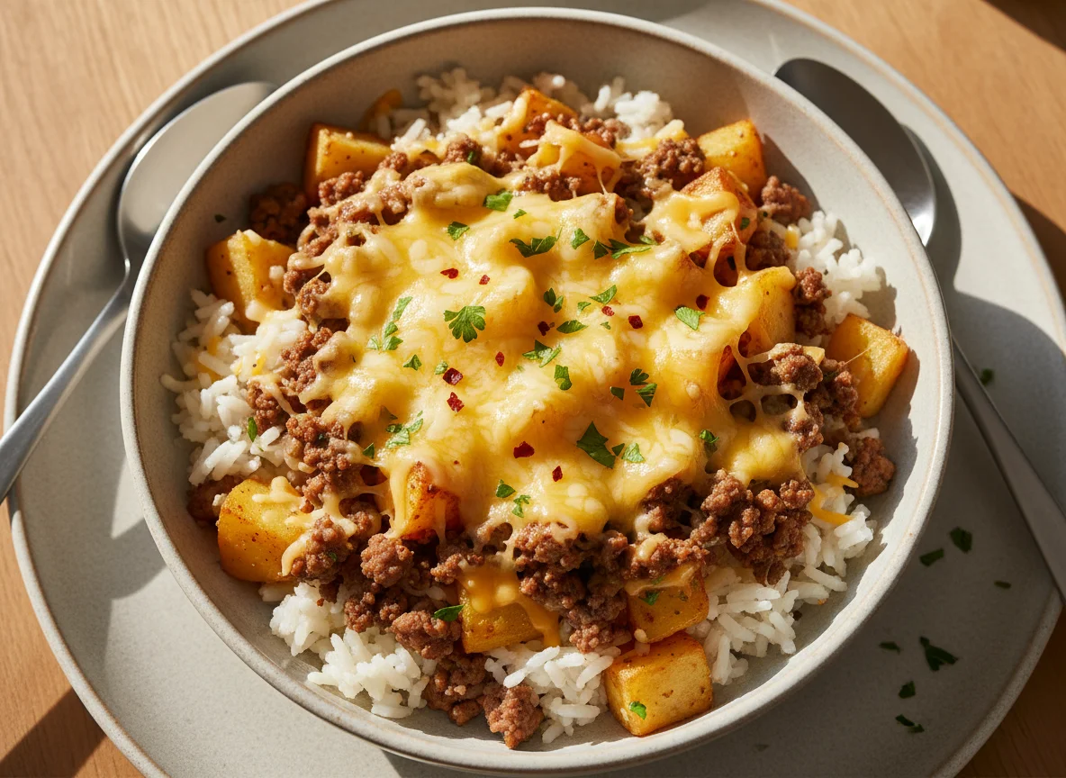 Rice and Potato Mix with Ground Meat and Cheese photo