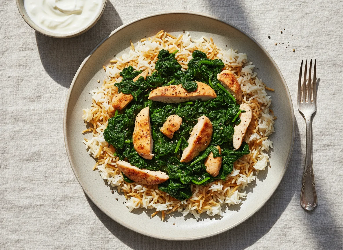 Rice and Vermicelli with Spinach and Chicken photo