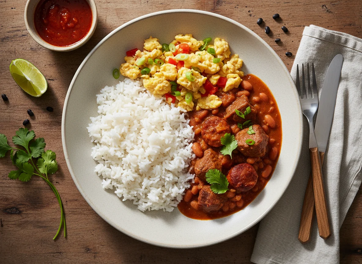 Rice, Bean Stew, and Scrambled Eggs photo