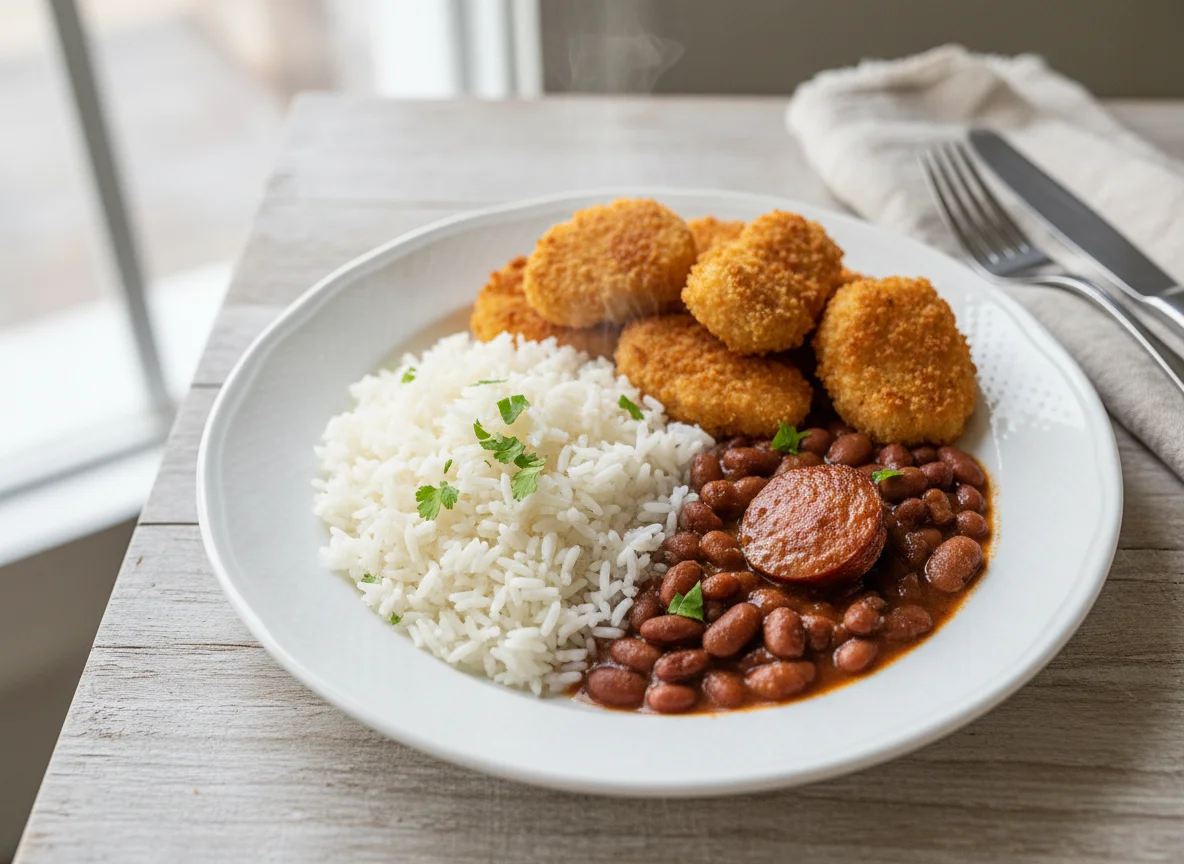 Rice, Beans, and Chicken Nuggets photo