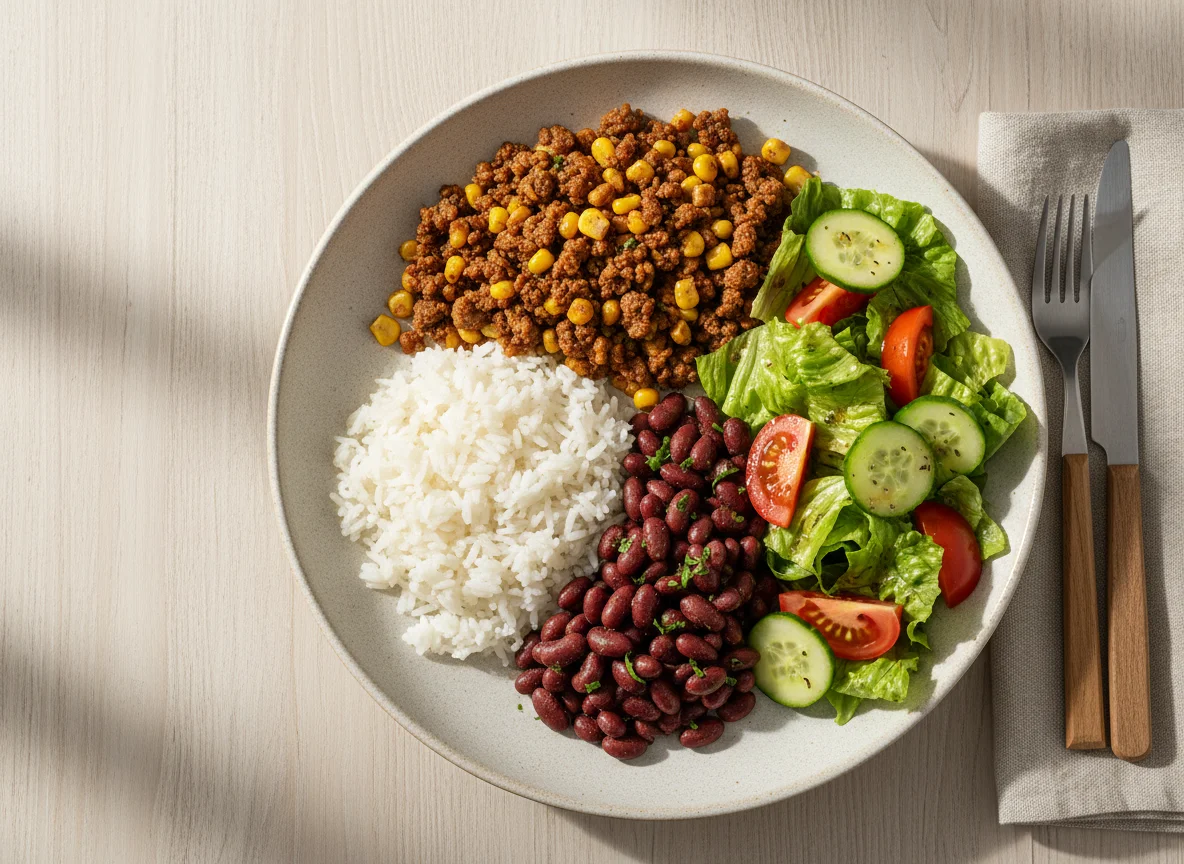 Rice, Beans, Ground Meat with Corn, and Salad photo