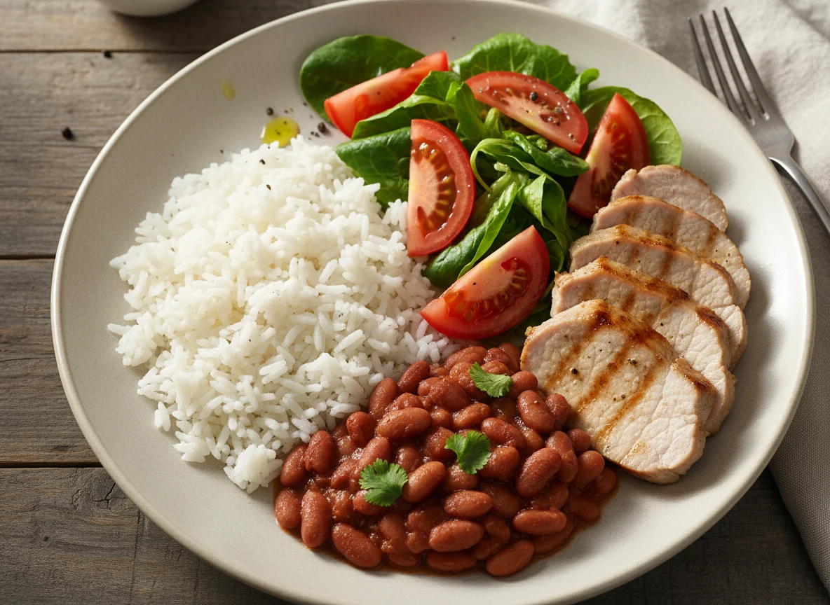 Rice, Beans, Meat, and Salad Plate photo