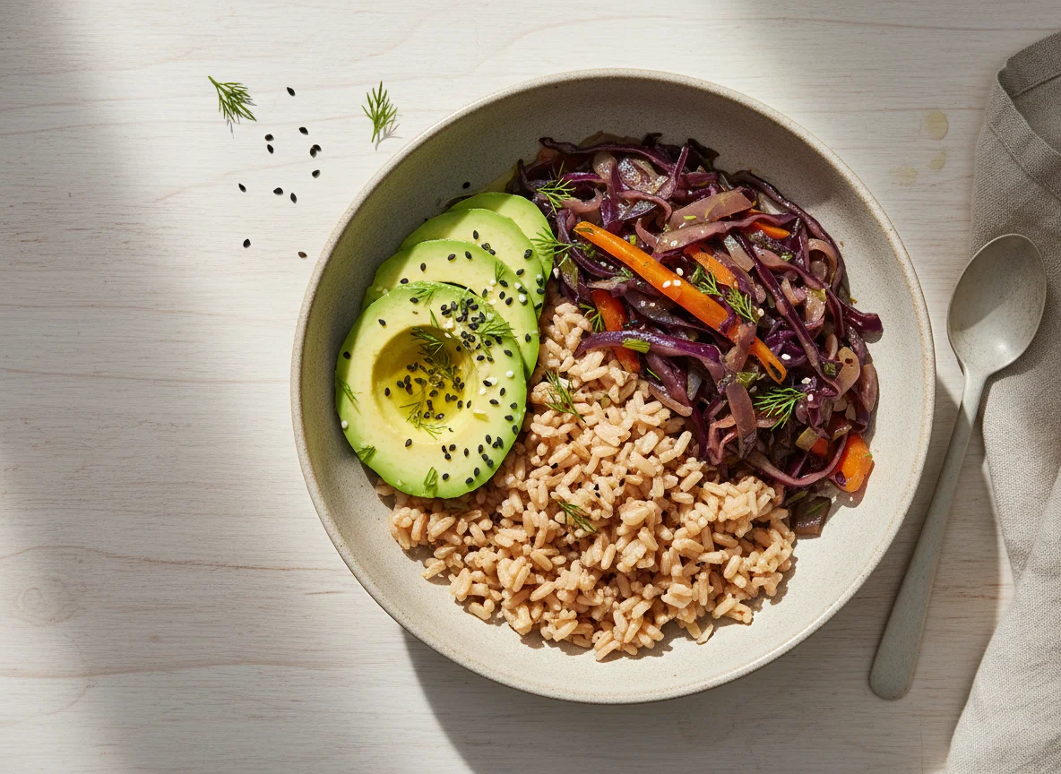 Rice bowl with avocado and stewed vegetables photo