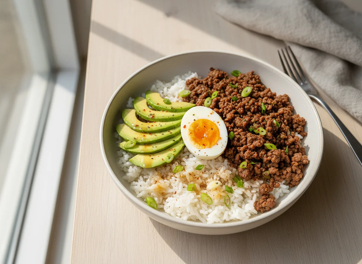 Rice bowl with avocado, egg, and ground meat photo