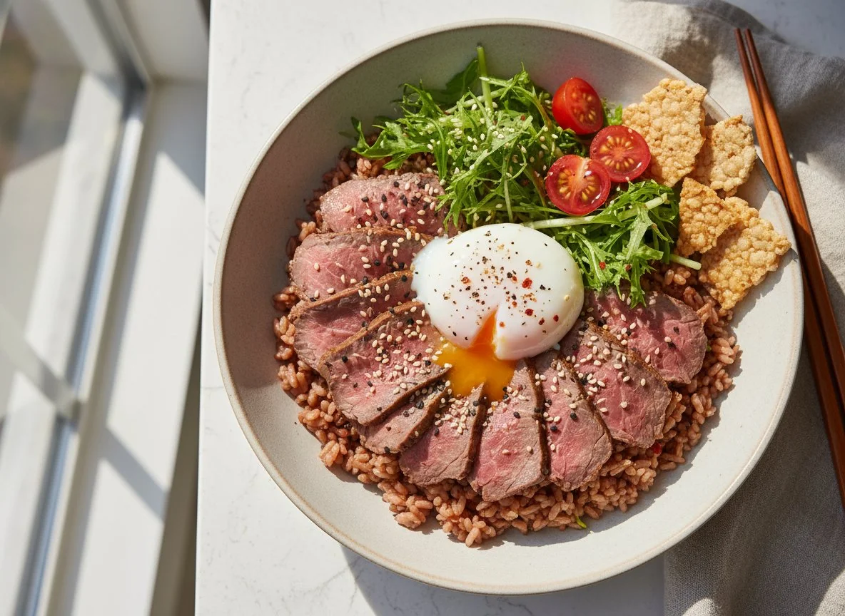 Rice bowl with beef, egg, and vegetables photo