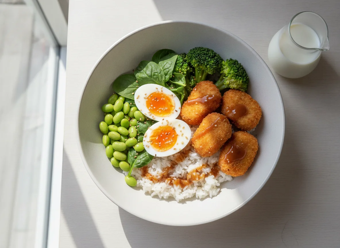 Rice bowl with boiled egg, broccoli, edamame, spinach and breaded chicken photo