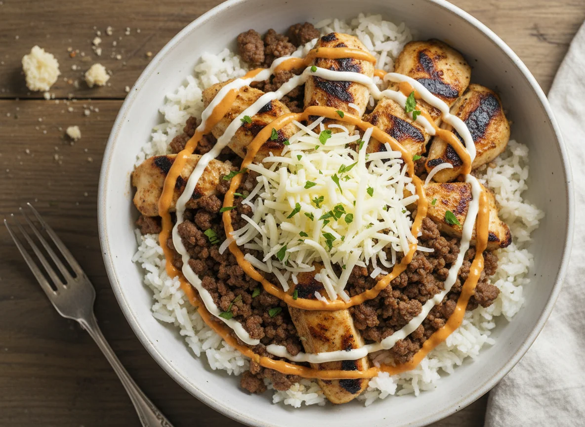 Rice bowl with chicken, beef, cheese, and sauces photo