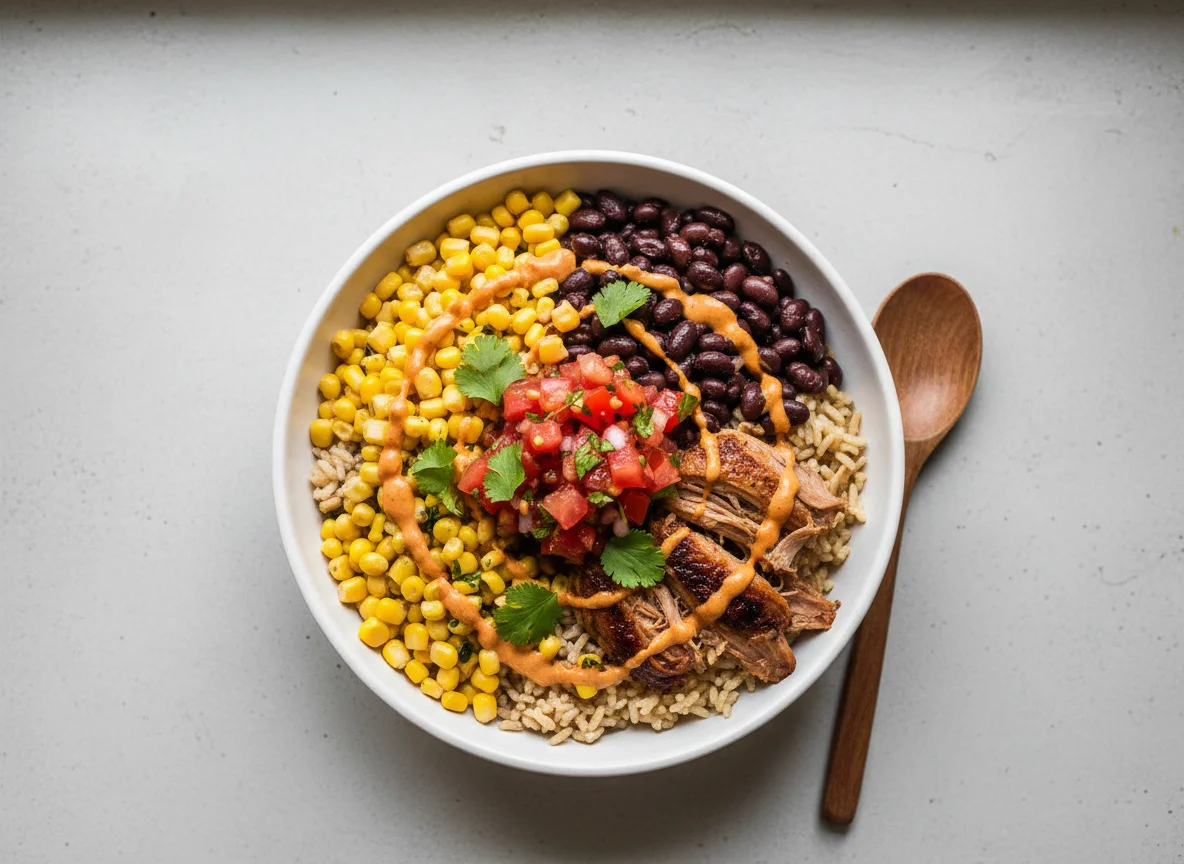 Rice bowl with corn, black beans, and meat photo