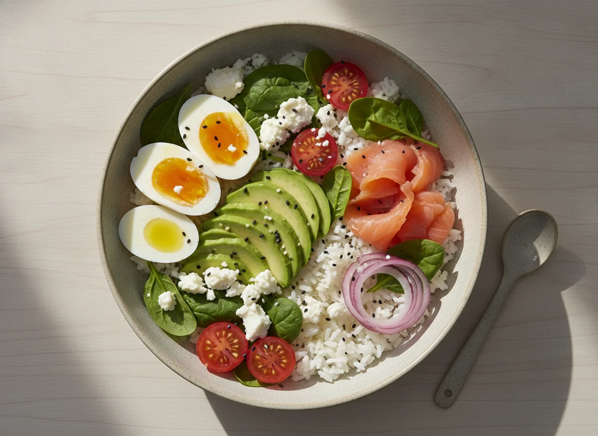 Rice bowl with egg, avocado, and feta photo