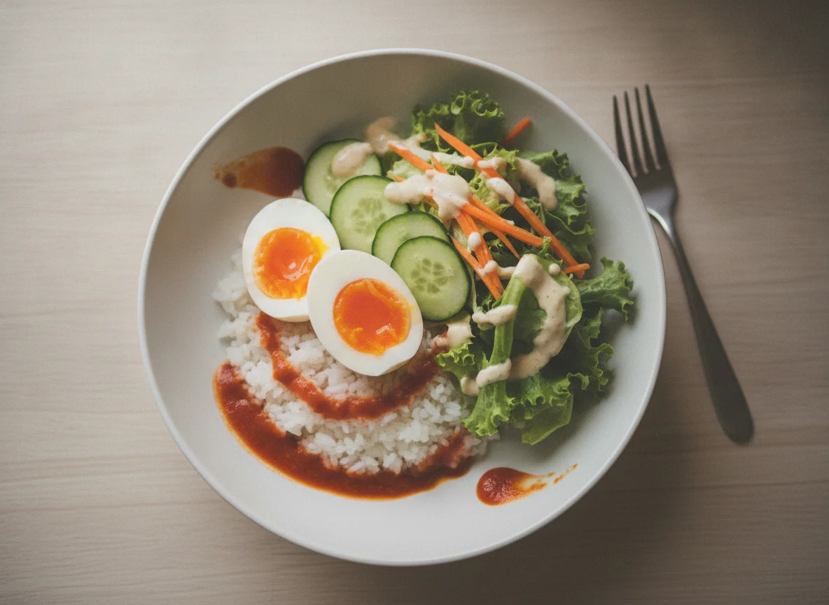 Rice bowl with eggs, salad and tomato sauce photo