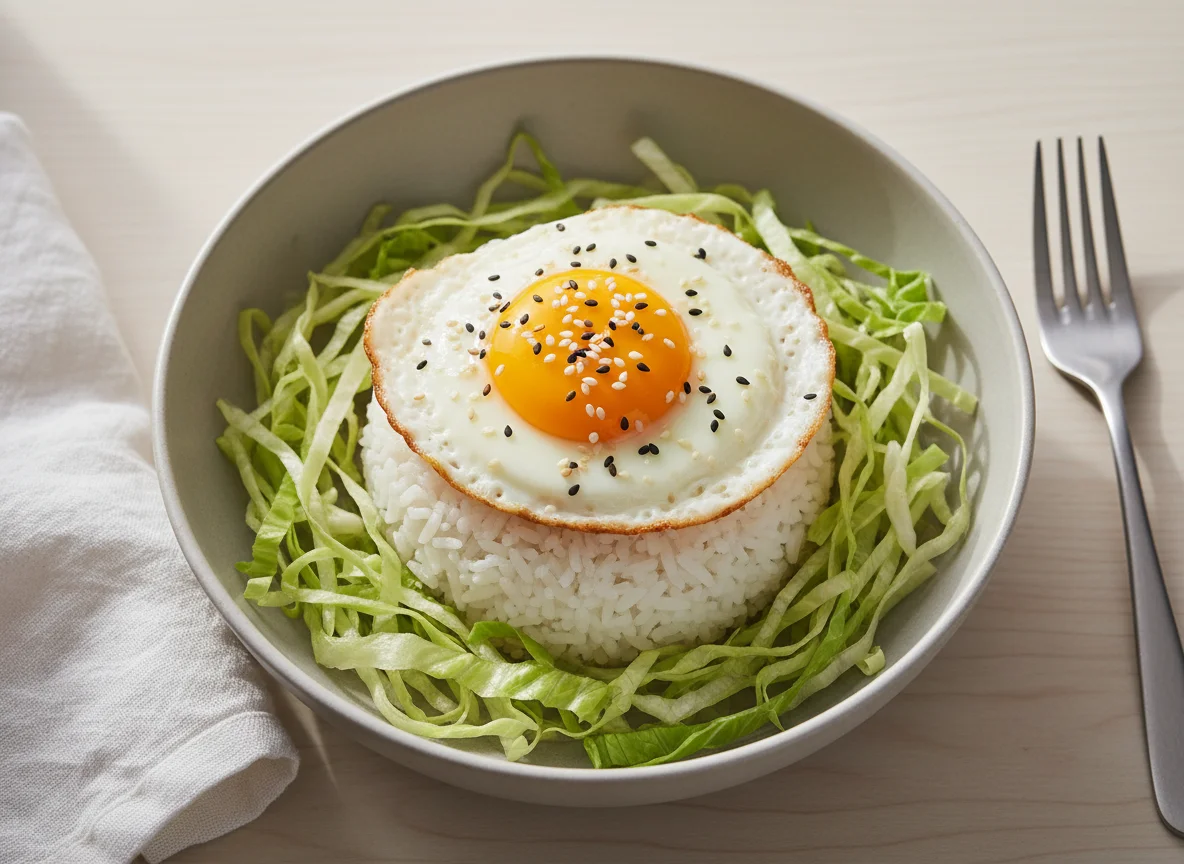 Rice bowl with fried egg and lettuce photo