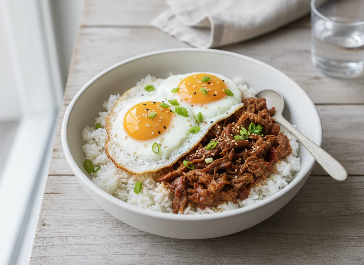 Rice bowl with fried eggs and shredded meat photo