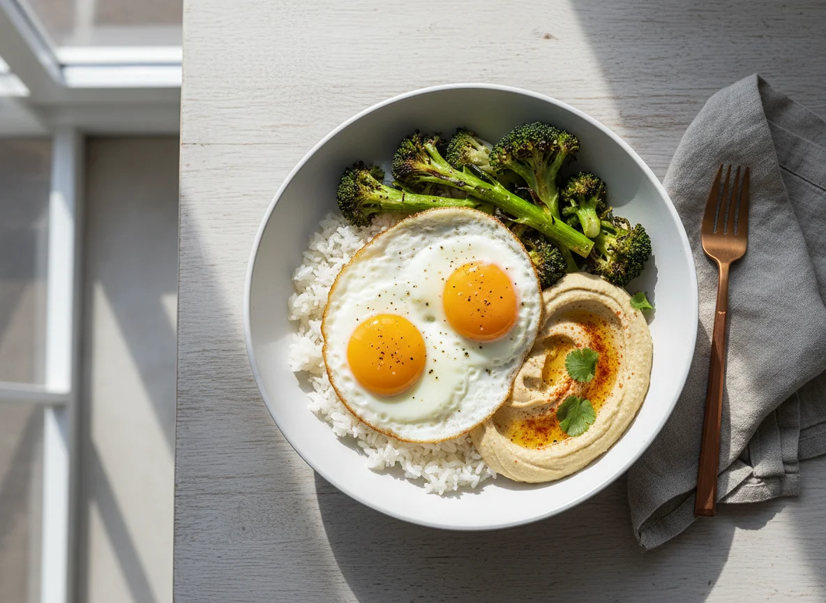 Rice Bowl with Fried Eggs, Broccoli, and Hummus photo