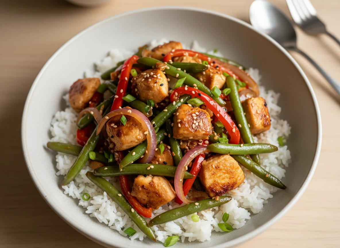 Rice bowl with green beans, chicken, and vegetables photo