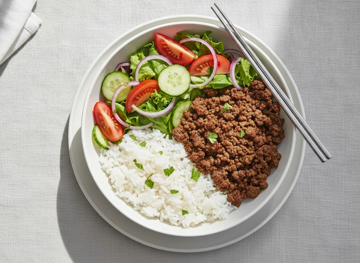 Rice bowl with ground beef and fresh salad photo